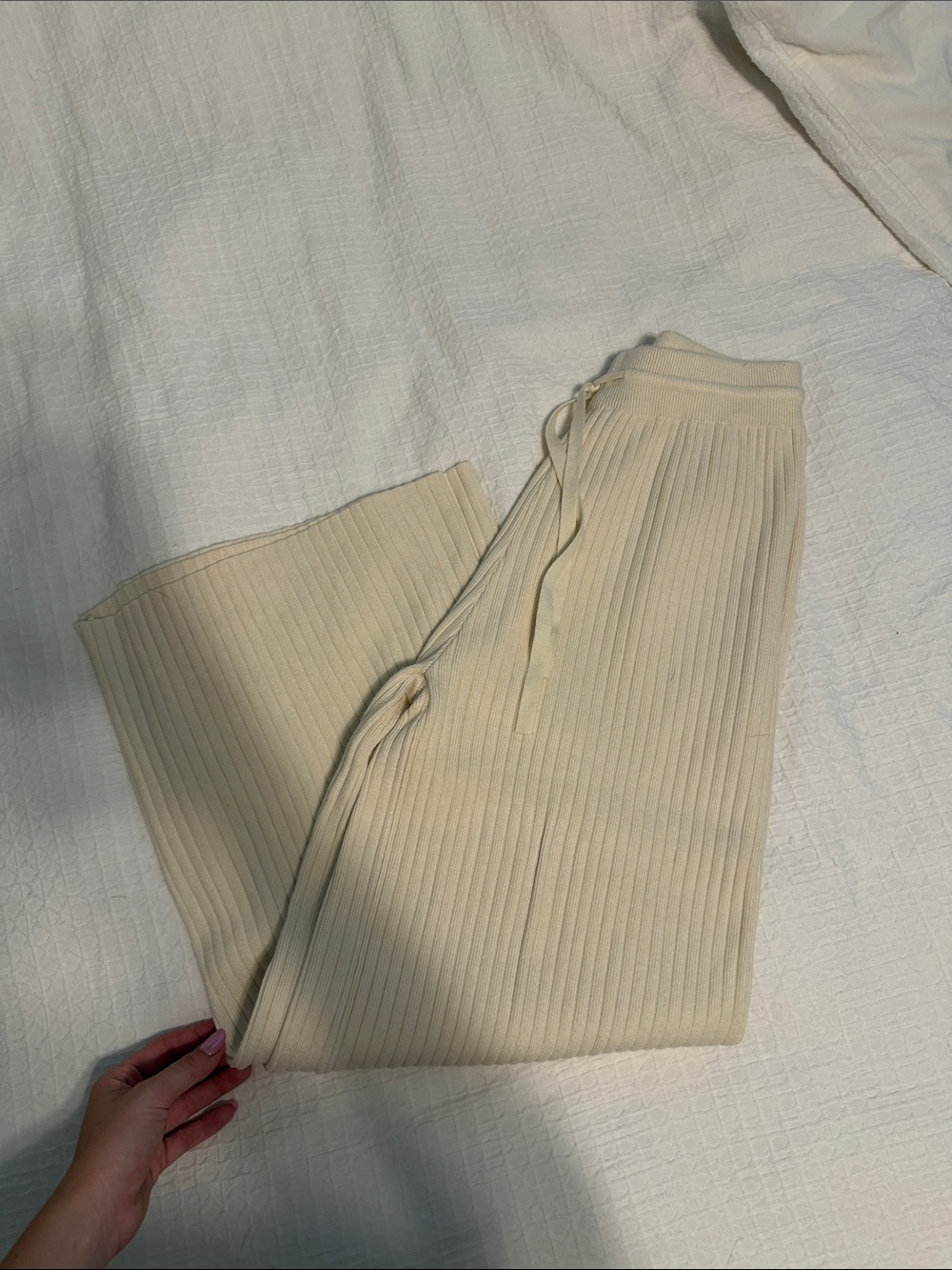 Wide Leg Ribbed Knit Pants - Cream